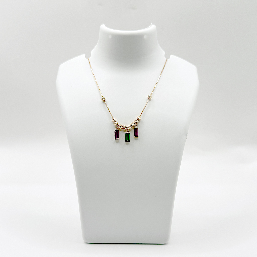 Rose Gold Tri-Stone Baguette Charm Necklace (Pink &amp; Green Combination)