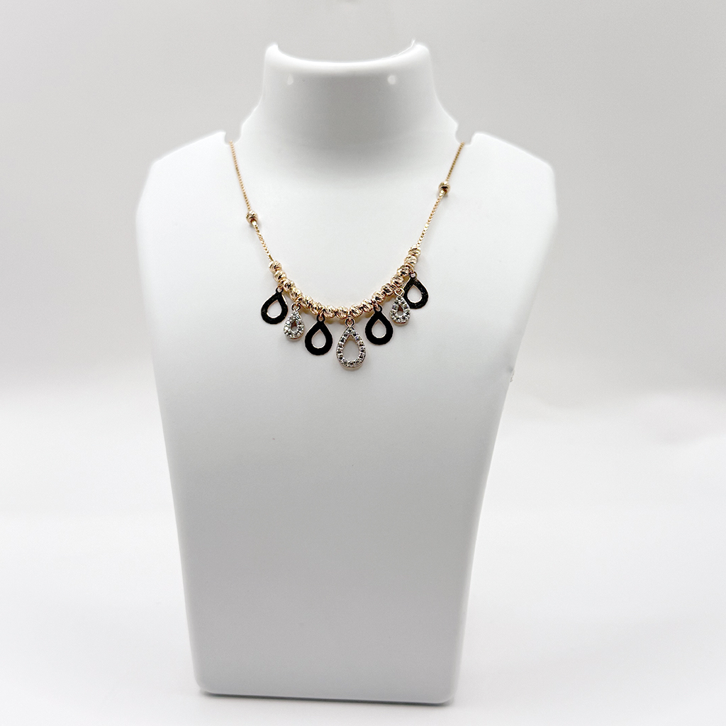 Elegant Rose Gold Teardrop Dangle Necklace with Black Enamel &amp; Crystal Charms