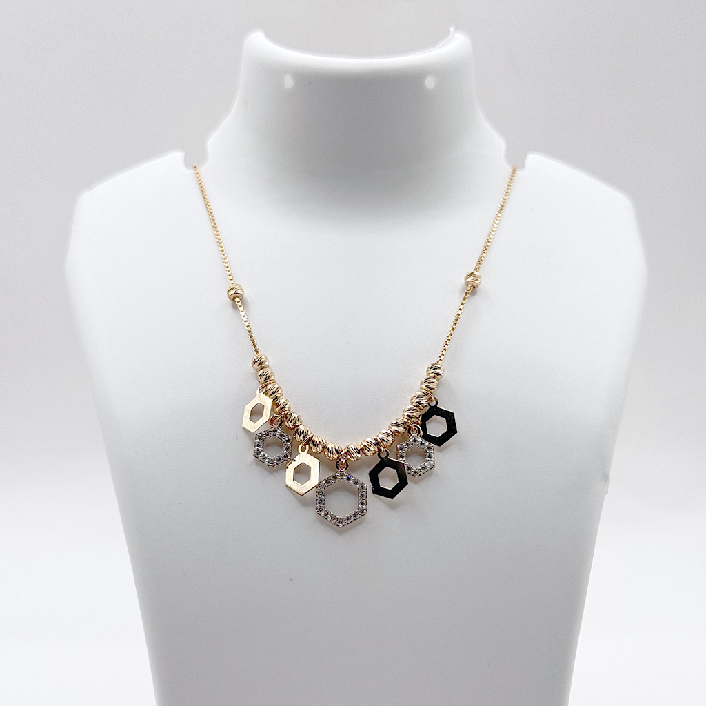 Hexagon Charm Rose Gold Necklace with Black Enamel &amp; Crystal Accents
