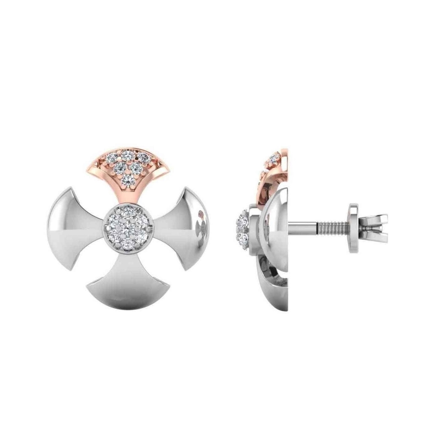Dual-Tone Petal Cross Diamond Stud Earrings