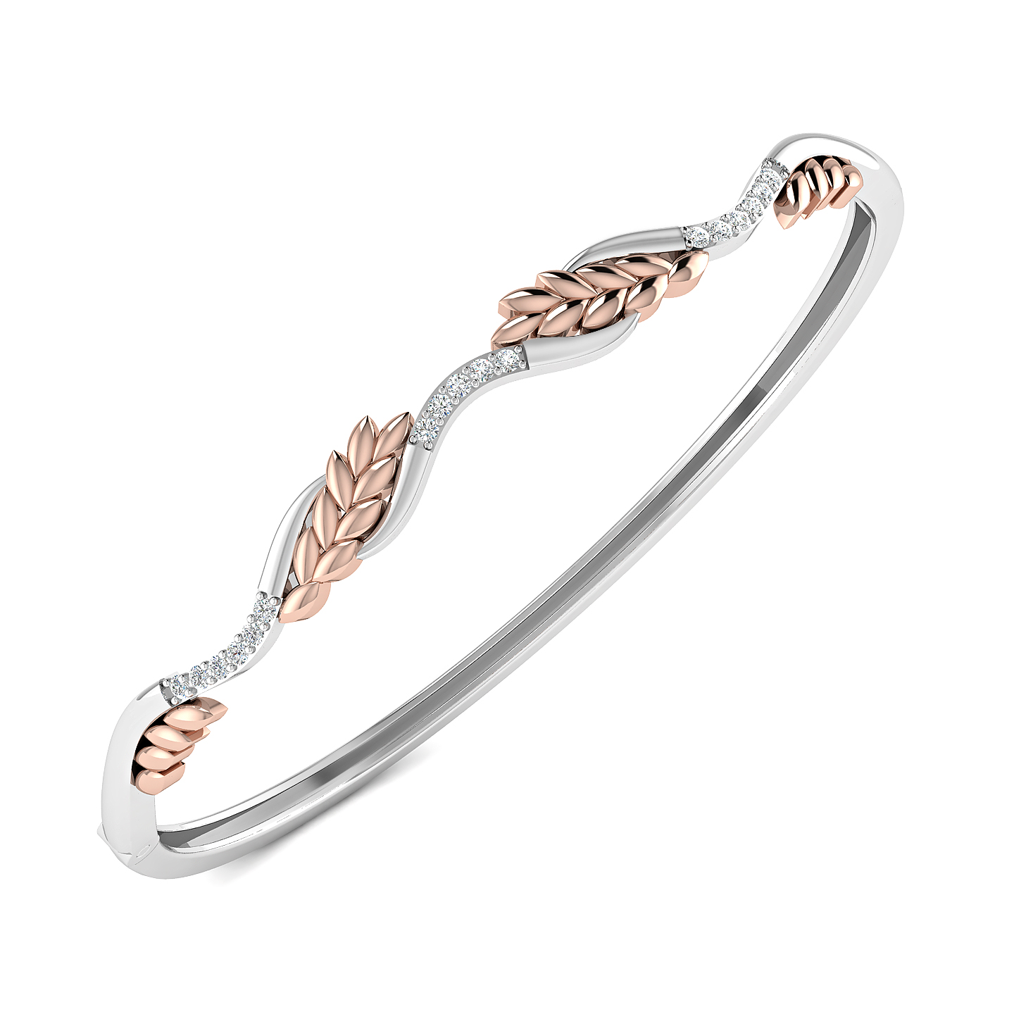 Two-Tone Leaf Motif Diamond Wave Bangle