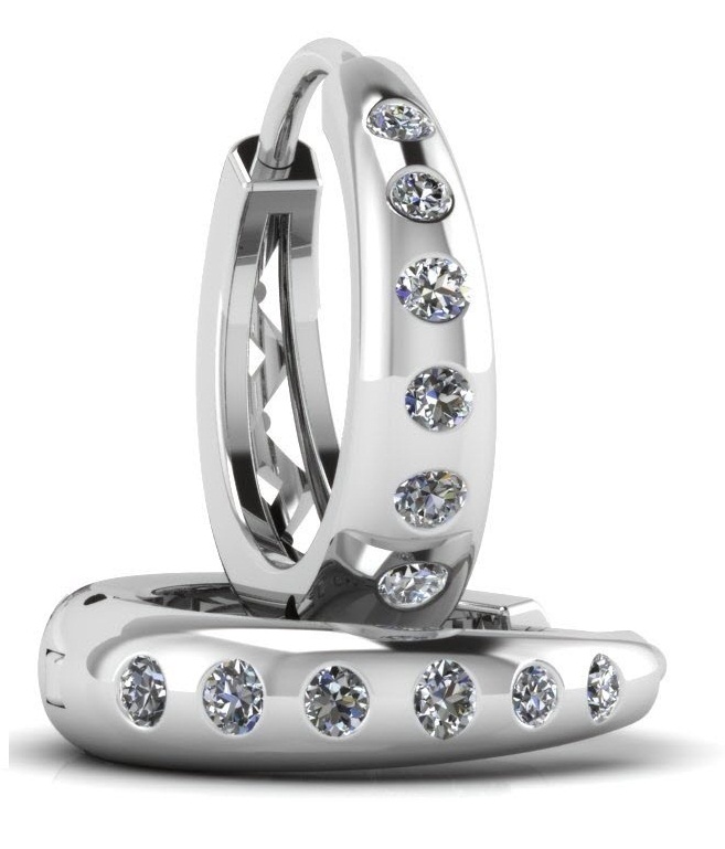 Elegant Diamond-Studded Huggie Hoop Earrings in Polished White Metal