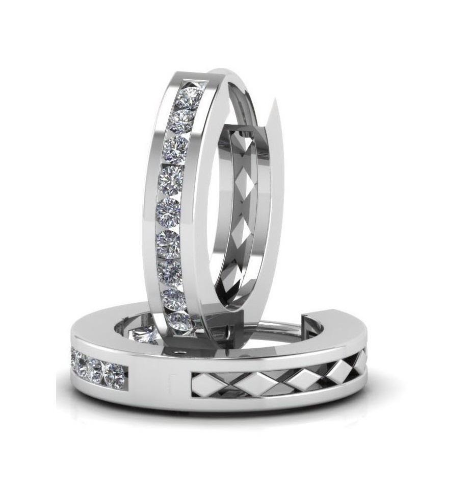 Sleek Channel-Set Diamond Huggie Hoop Earrings in Polished White Metal