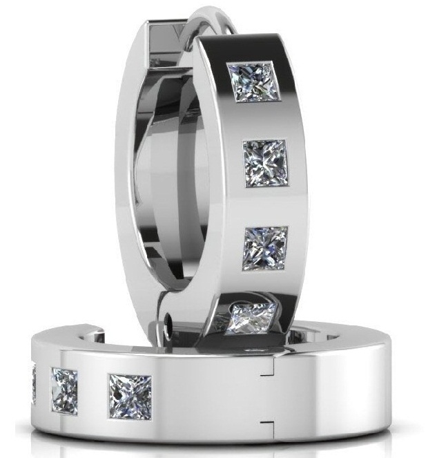 Modern Princess-Cut Diamond Huggie Hoop Earrings in Polished White Metal