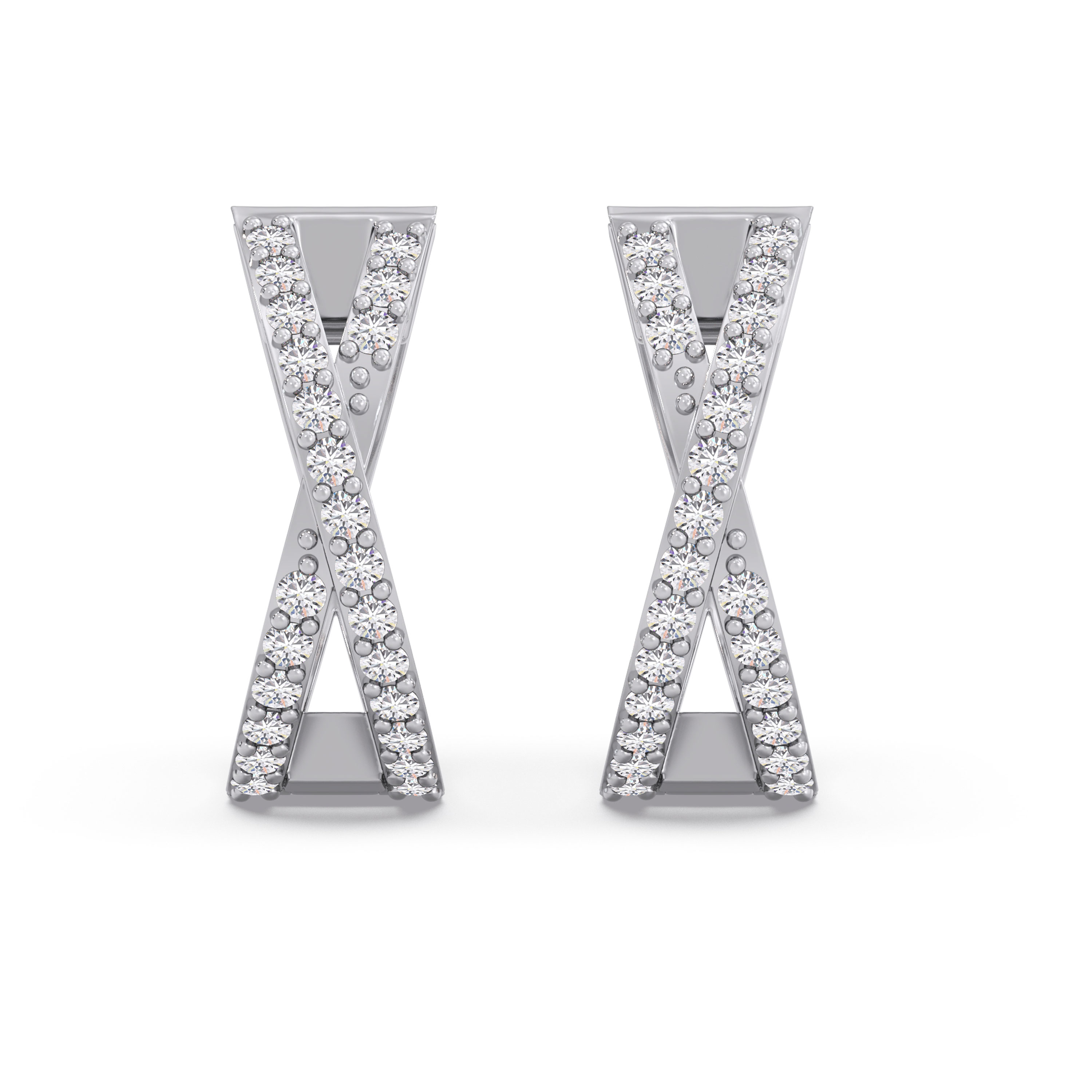 Sparkling Crisscross Diamond Bar Earrings in Polished White Metal