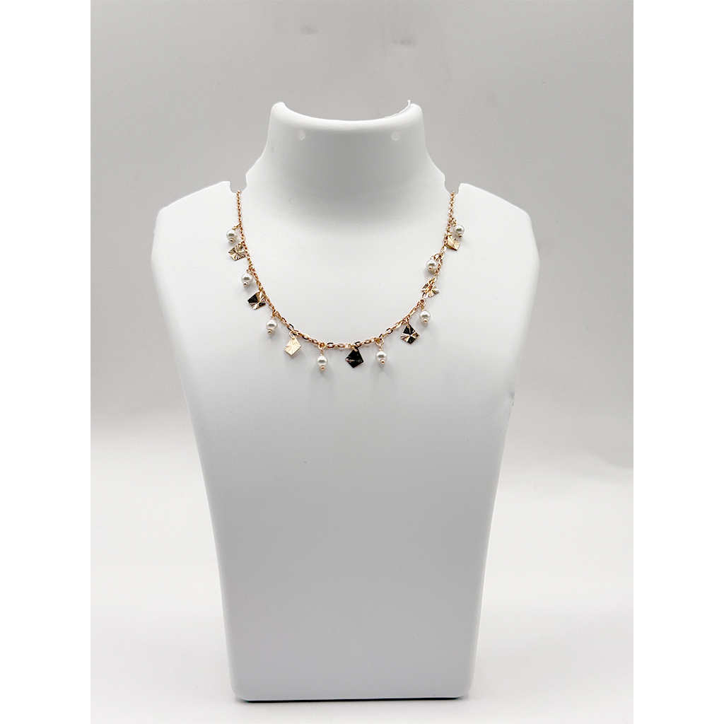 Elegant Gold Charm Necklace with Pearls &amp;amp; Geometric Pendants