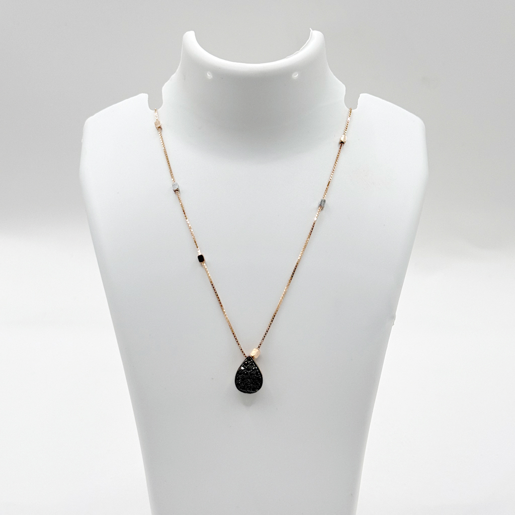 Black Sparkle Teardrop Pendant Necklace with Dual-Tone Chain Accents