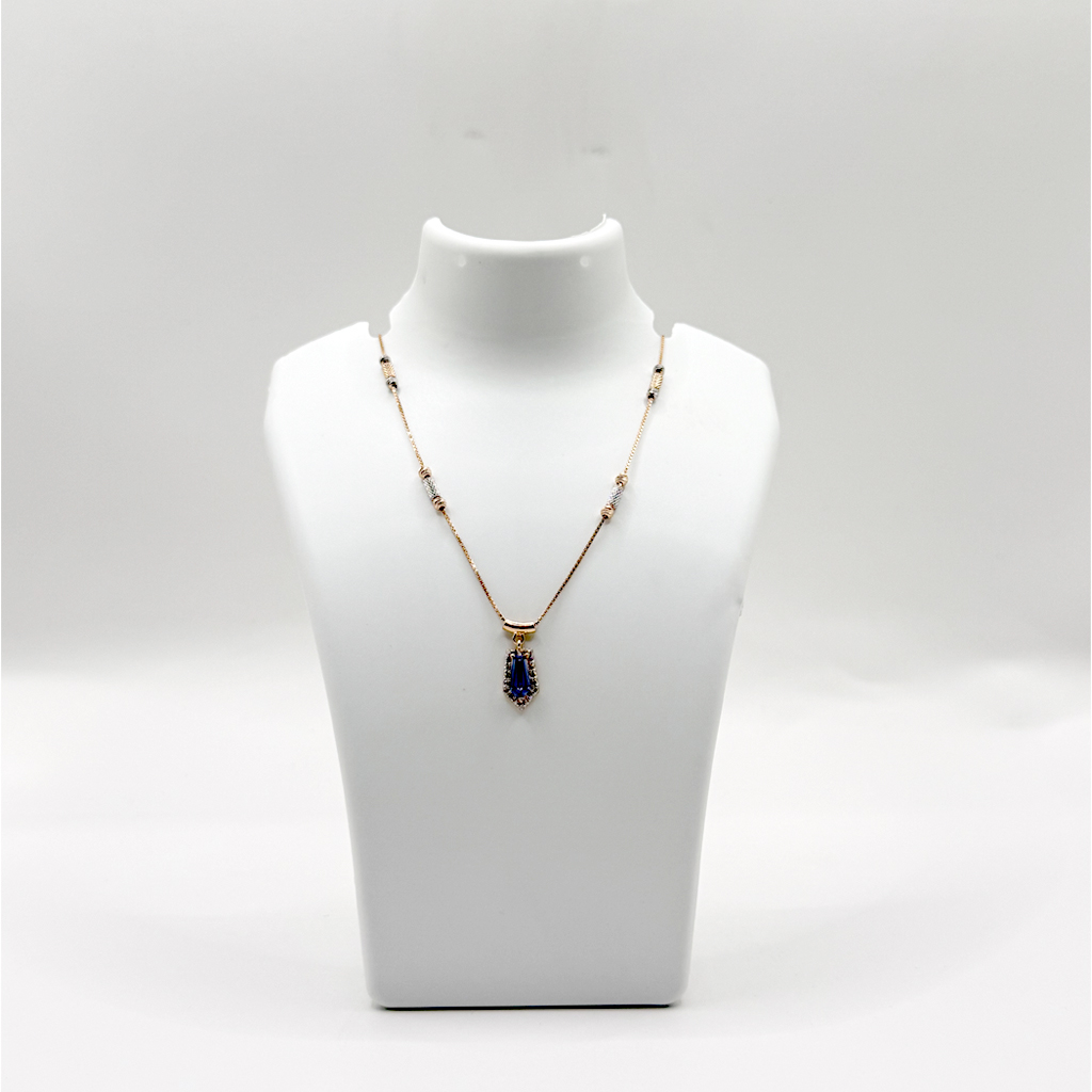 Royal Blue Baguette Halo Pendant Necklace with Dual-Tone Chain Accents