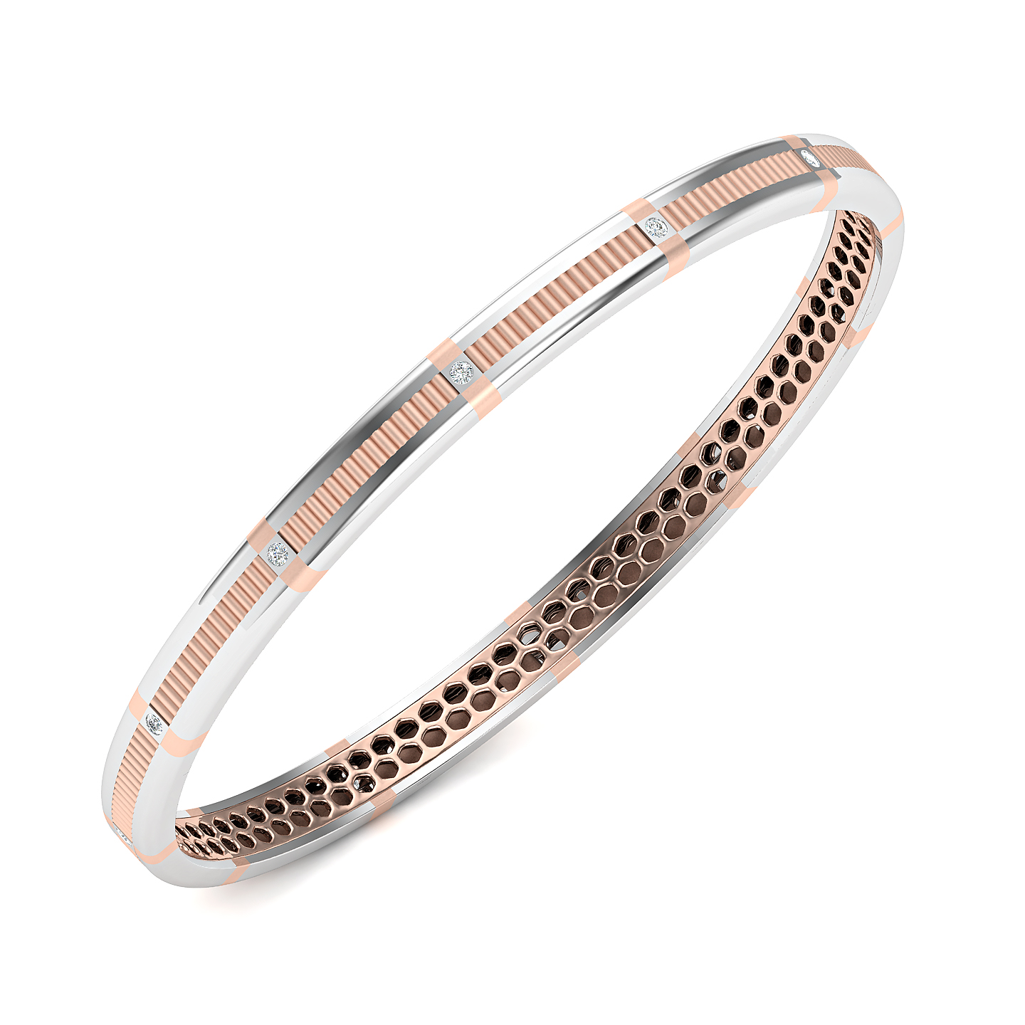 Dual-Tone Ribbed Diamond Accent Bangle with Contemporary Honeycomb Detailing