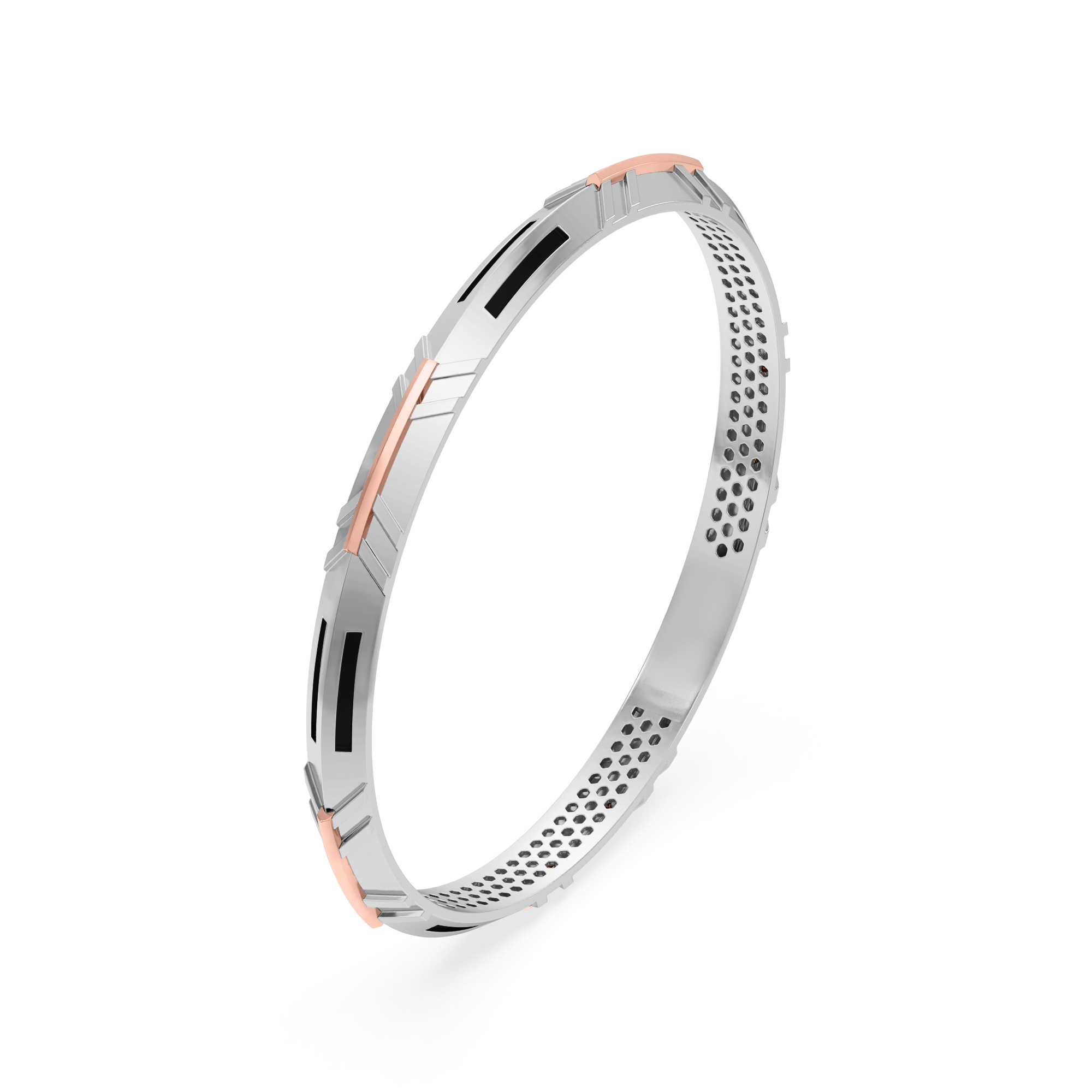 Contemporary Dual-Tone Geometric Bangle with Black Enamel &amp; Honeycomb Detailing