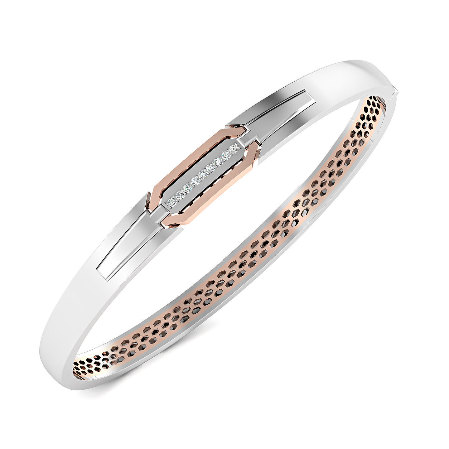 Dual-Tone Linear Diamond Accent Bangle – Sleek Rose Gold &amp; White Modern Bracelet