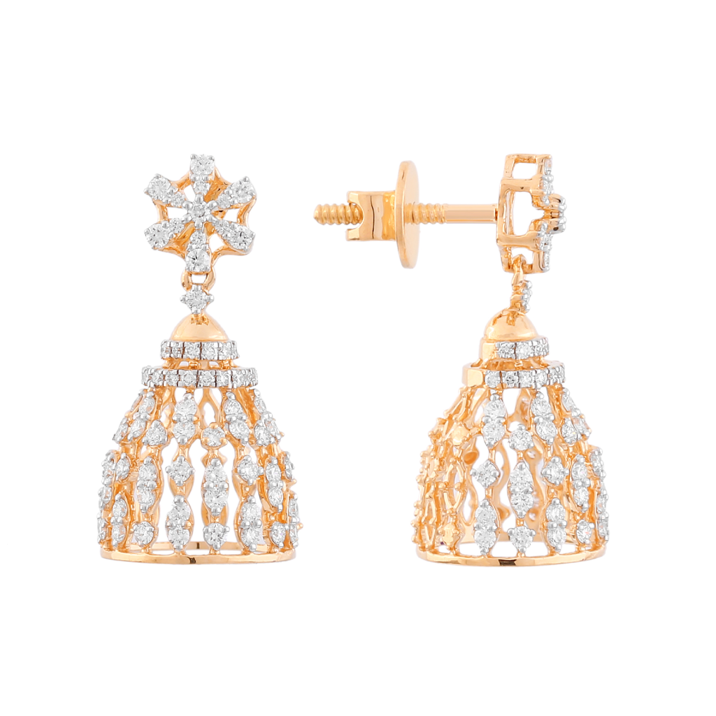 Floral Diamond Top Jhumka Earrings in Two-Tone Gold Finish