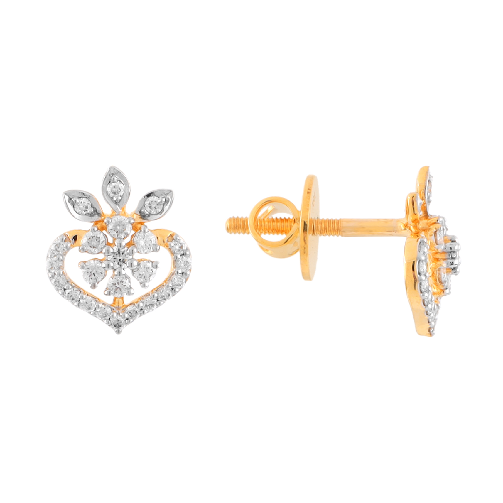 Elegant Heart &amp; Floral Diamond Stud Earrings in Gold
