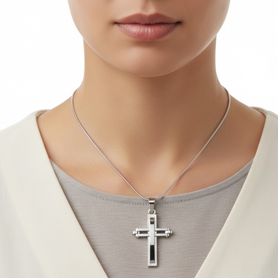 Contemporary Silver Cross Pendant with Layered Bar Design