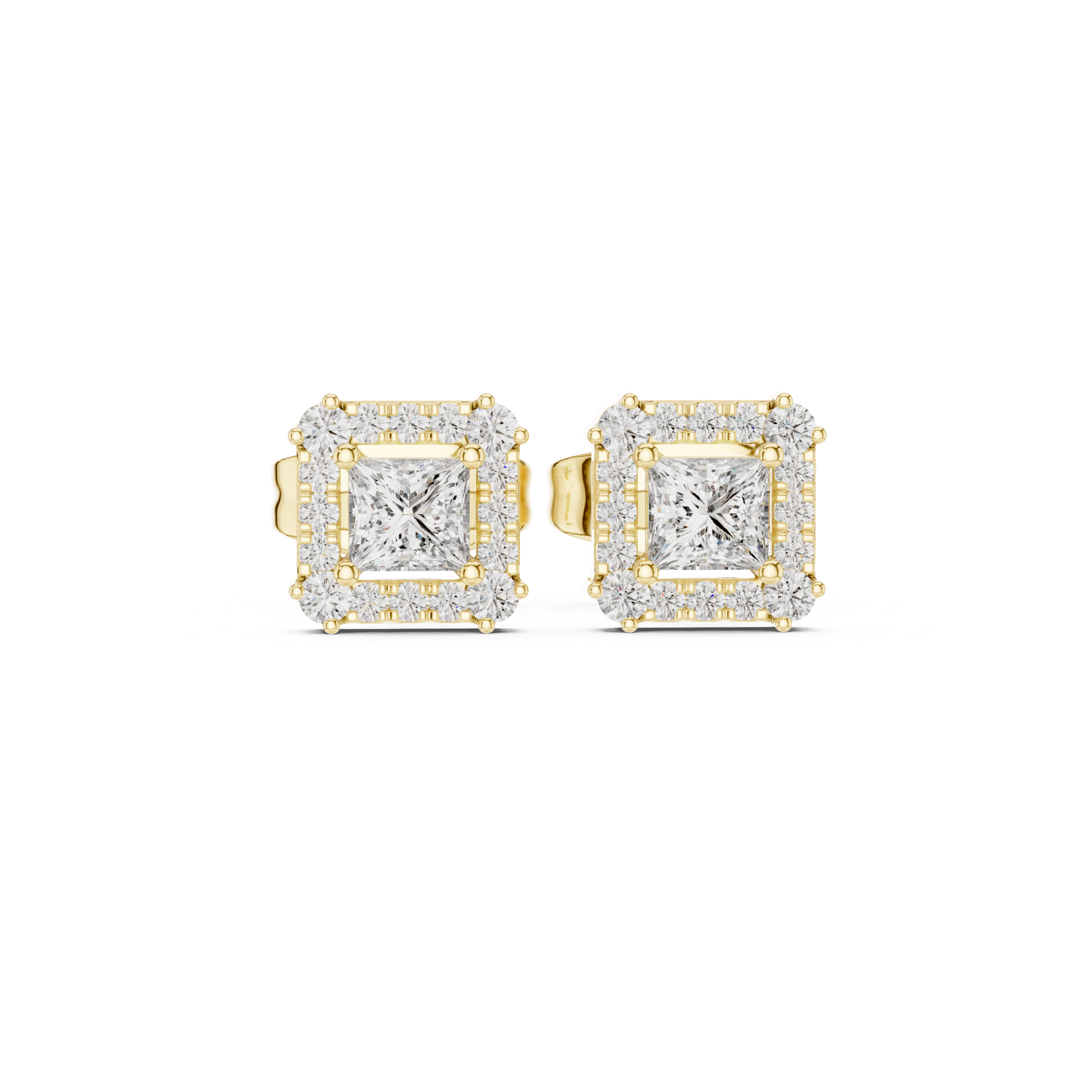 Princess-Cut Diamond Halo Stud Earrings in Yellow Gold