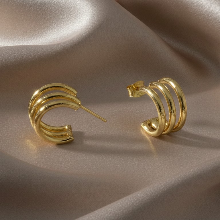 Triple Curve Gold Stud Earrings – Modern Minimal Elegance