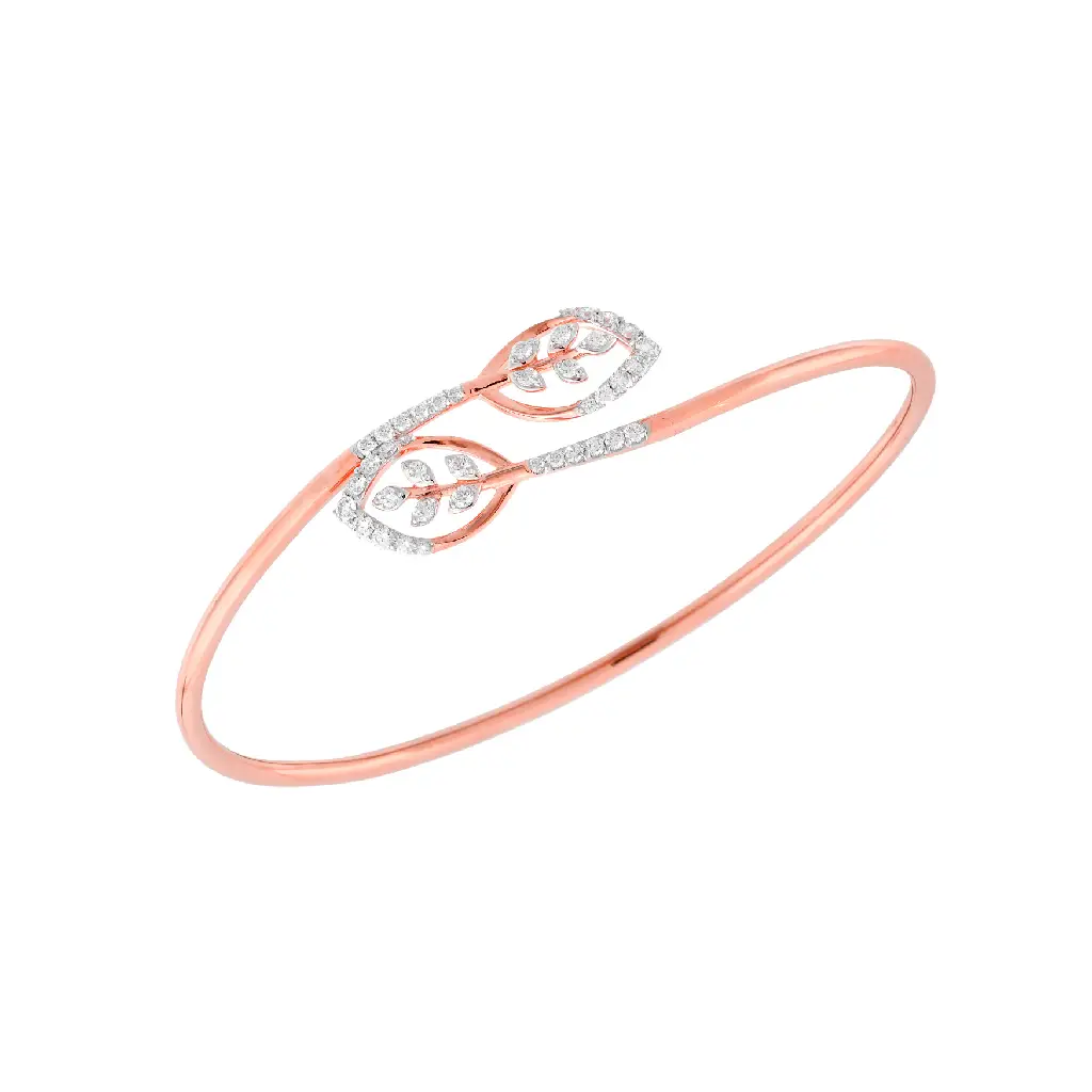 Rose Gold Diamond Leaf Open Bangle Bracelet