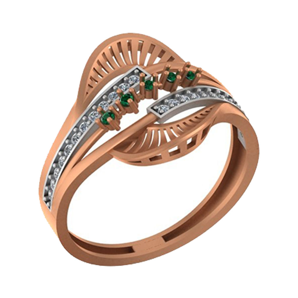 Rose Gold Emerald &amp; Diamond Leaf-Inspired Band Ring