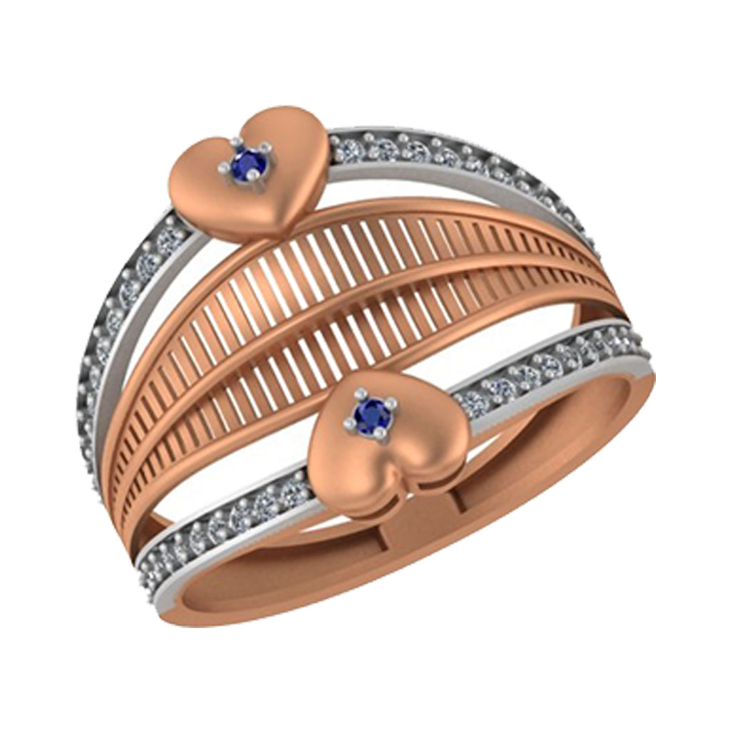 Dual Heart Two-Tone Diamond Ring with Blue Gemstone Accents