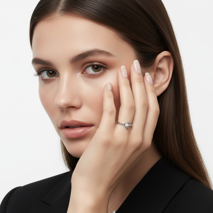 Minimalist Triangle Solitaire Diamond Ring in Sleek White Metal