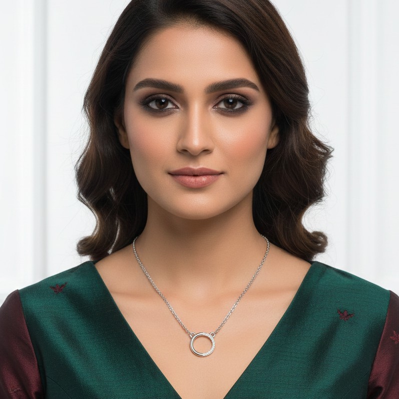 Minimalist Diamond Half-Pave Circle Pendant Necklace in White Metal