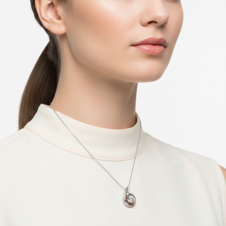 Dual-Tone Teardrop Solitaire Diamond Pendant with Pavé Accent