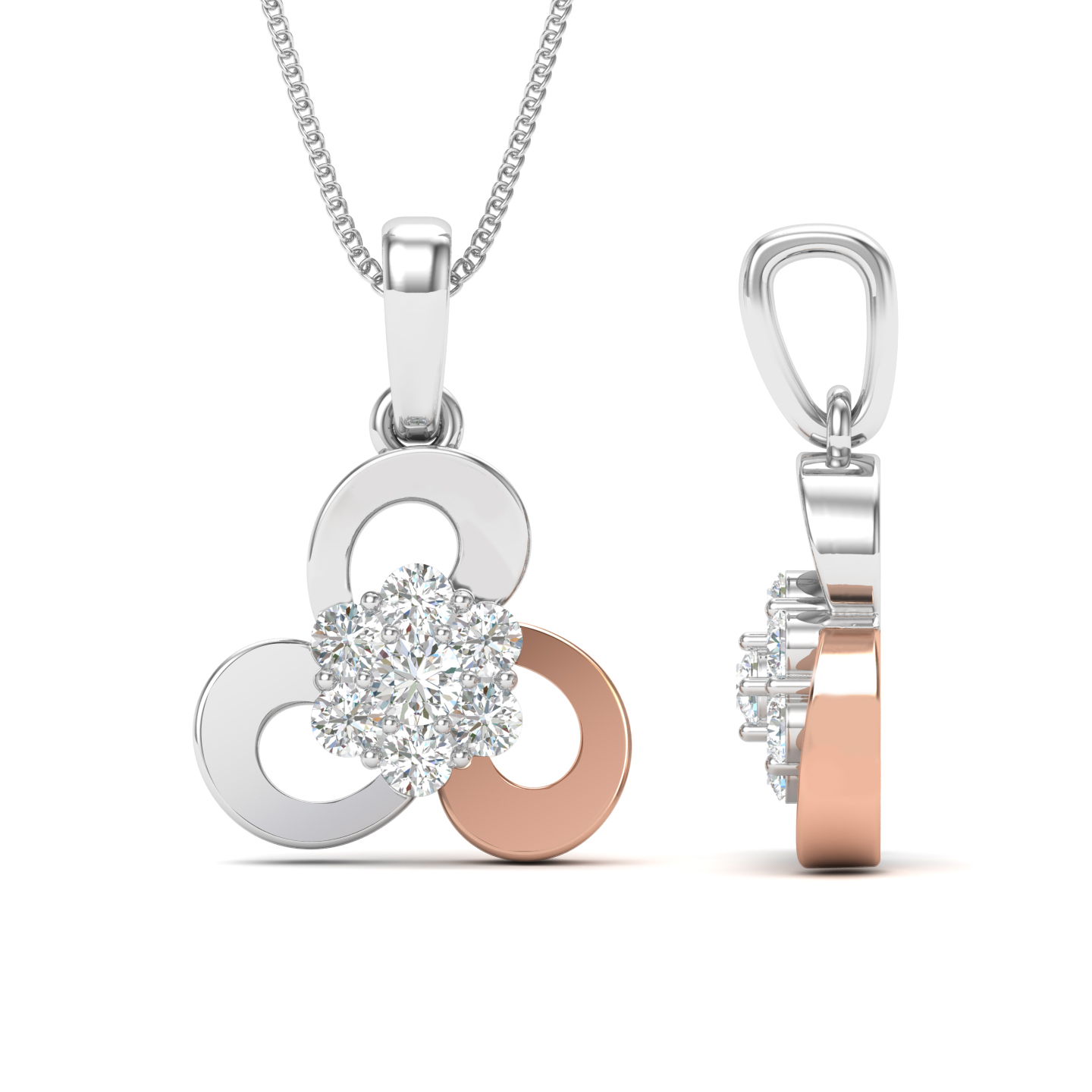 Tri-Tone Petal Cluster Diamond Pendant with Floral Centerpiece