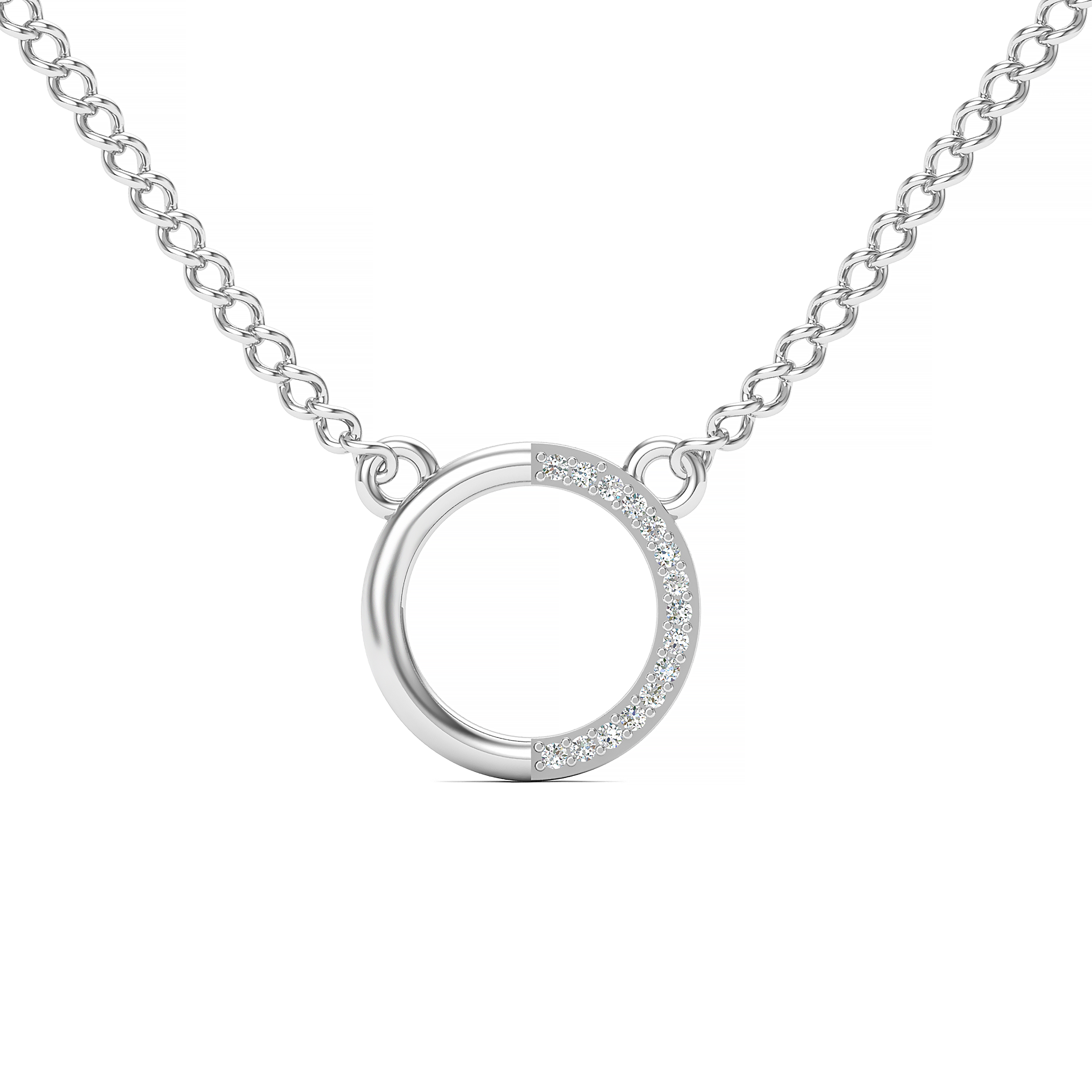 Minimalist Diamond Half-Pave Circle Pendant Necklace in White Metal