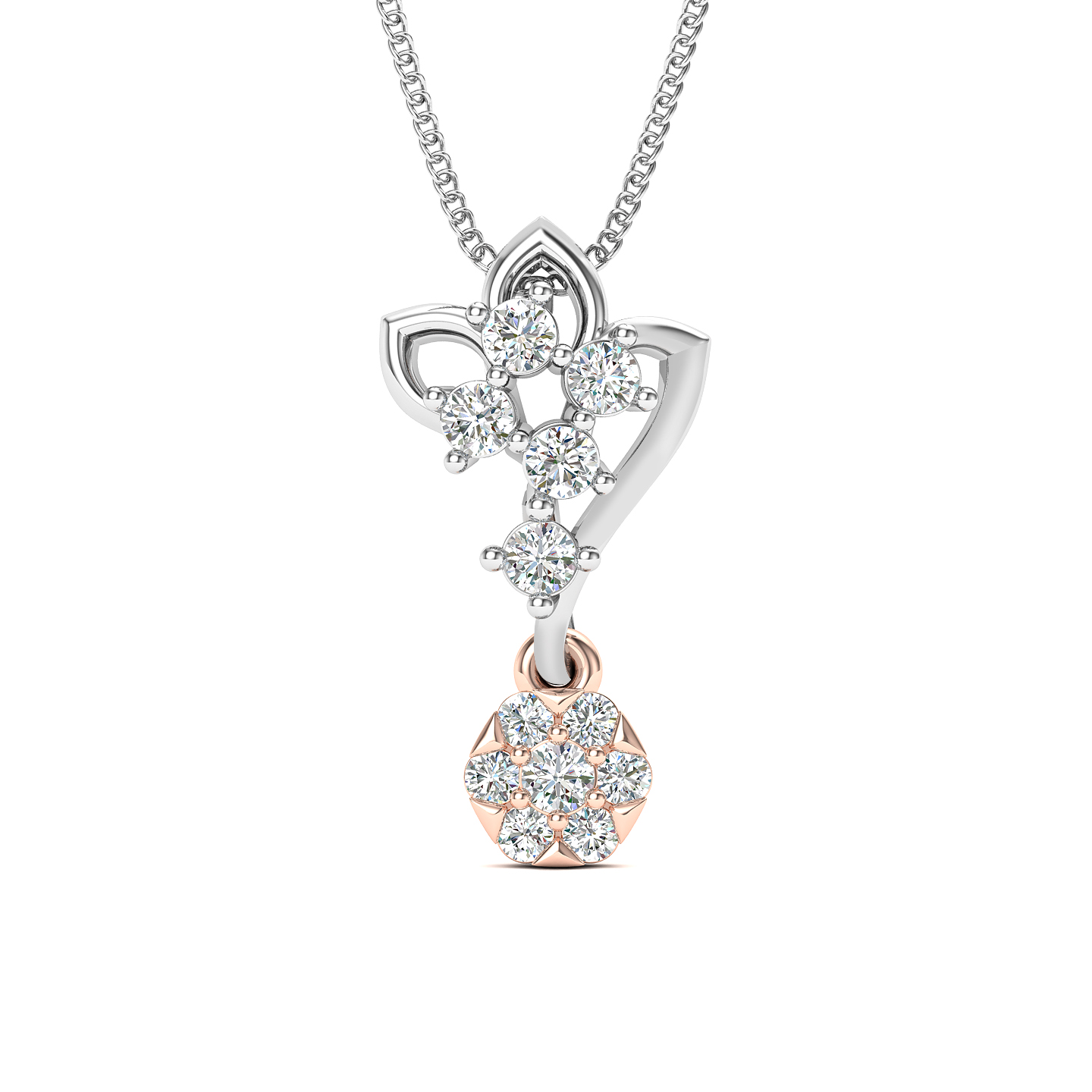 Floral Cascade Dual-Tone Diamond Pendant with Dangling Bloom Charm