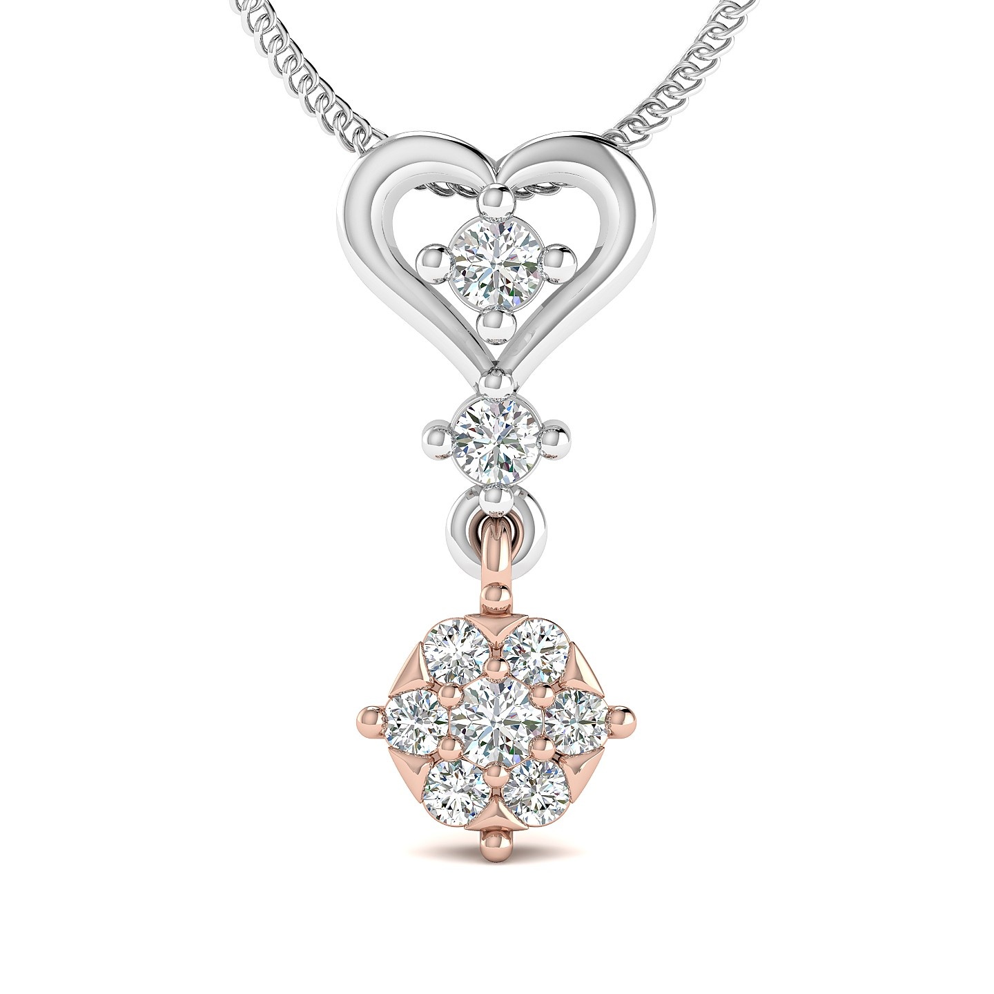 Dual-Tone Heart Drop Diamond Pendant with Floral Cluster Charm